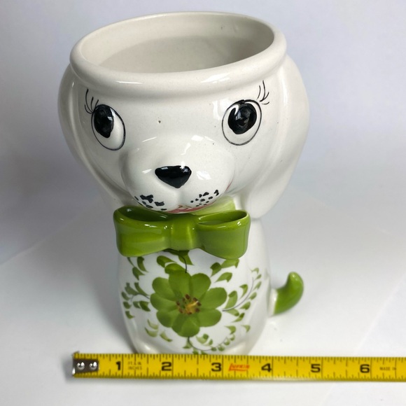 Puppy Dog Figurine Vase Planter Ceramic White Green Vintage Portugal P3571 6" - Picture 8 of 8